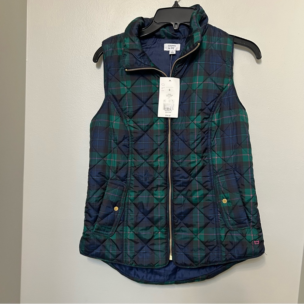 J Crew Quilted Vest Womens Sleeveless Full Zip Plaid Navy Blue Green S NWT